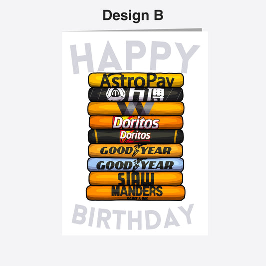 A birthday card with a stack of various snack bars, including AstroPay, Doritos, Goodyear, Siu Manders, and others, arranged in a visually appealing manner.