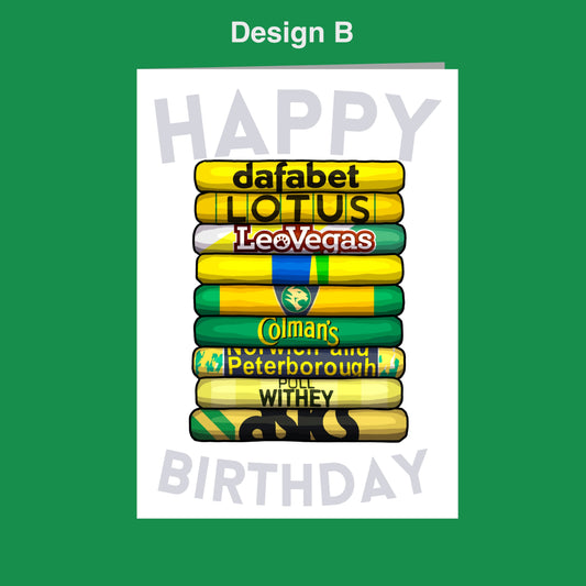 A birthday card with a stack of colorful bars representing different sports teams, including dafabet, Lotus, Lee Vegas, Colyman's, Peterborough, and Withy. The text "Happy Birthday" is displayed on the card.
