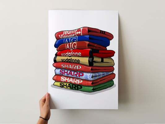 A hand is holding a poster with a stack of colorful towels, each with a different word written on it.