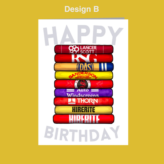 A birthday card with a stack of colorful tubes, each representing a different company or brand, with the text "Happy Birthday" displayed prominently.