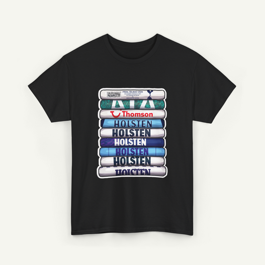 A black t-shirt with a graphic design featuring a stack of books with the text "Holsten Holsten Holsten Holsten" printed on them.