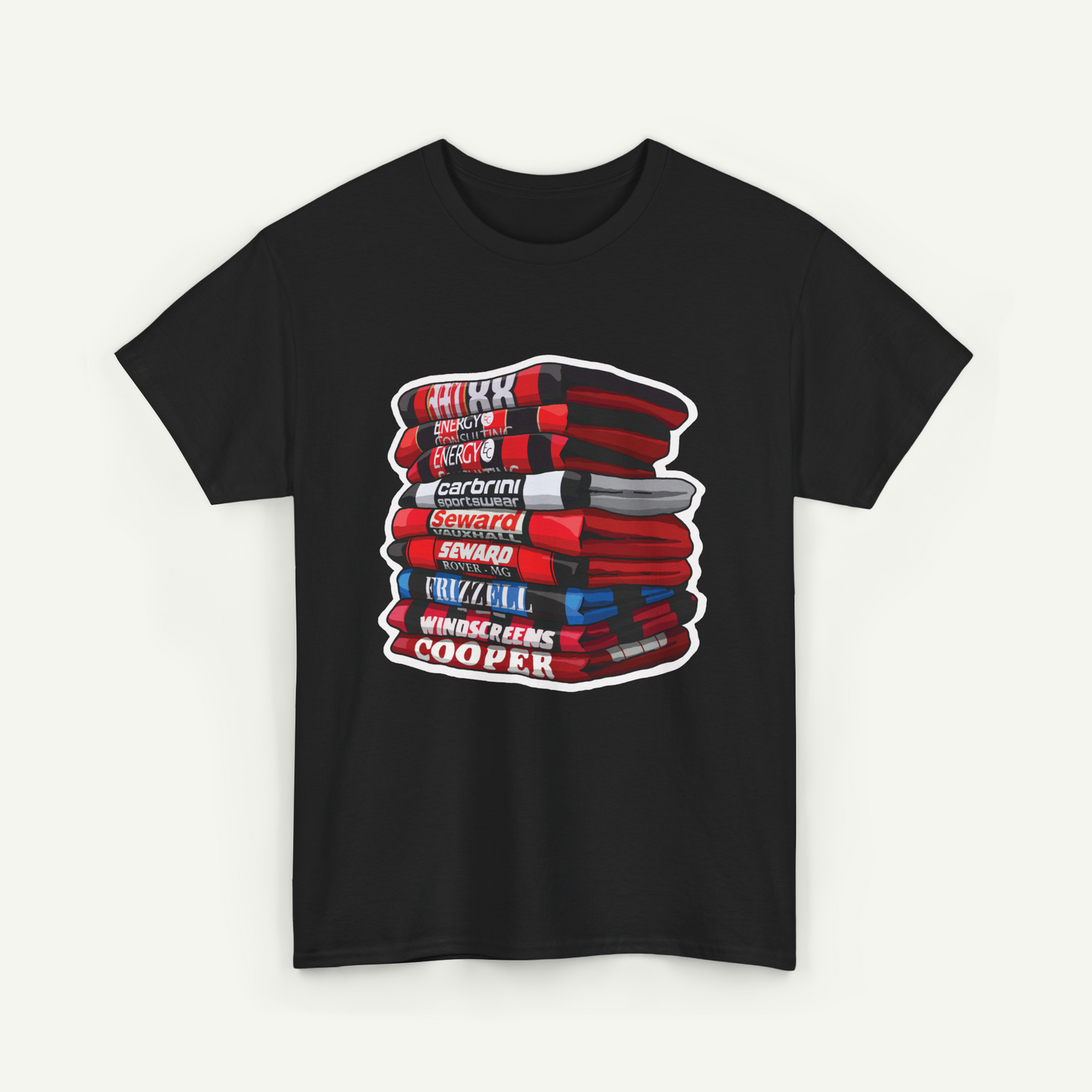 A black t-shirt with a graphic design depicting a stack of books with various titles and authors' names.