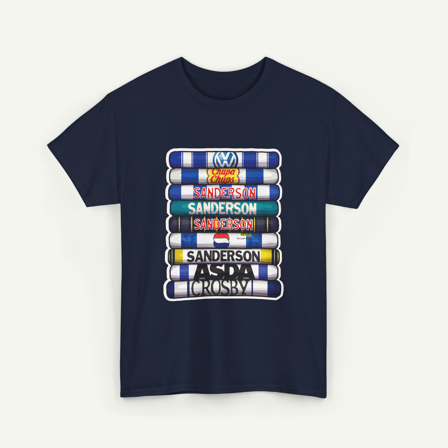 A navy blue t-shirt with a graphic design featuring a stack of colorful tubes with the text "Sanderson" printed on them.