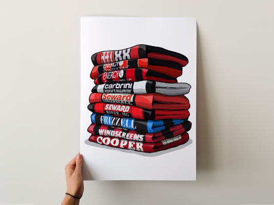 A hand is holding up a poster with a stack of books or magazines, each with a different title written on it.