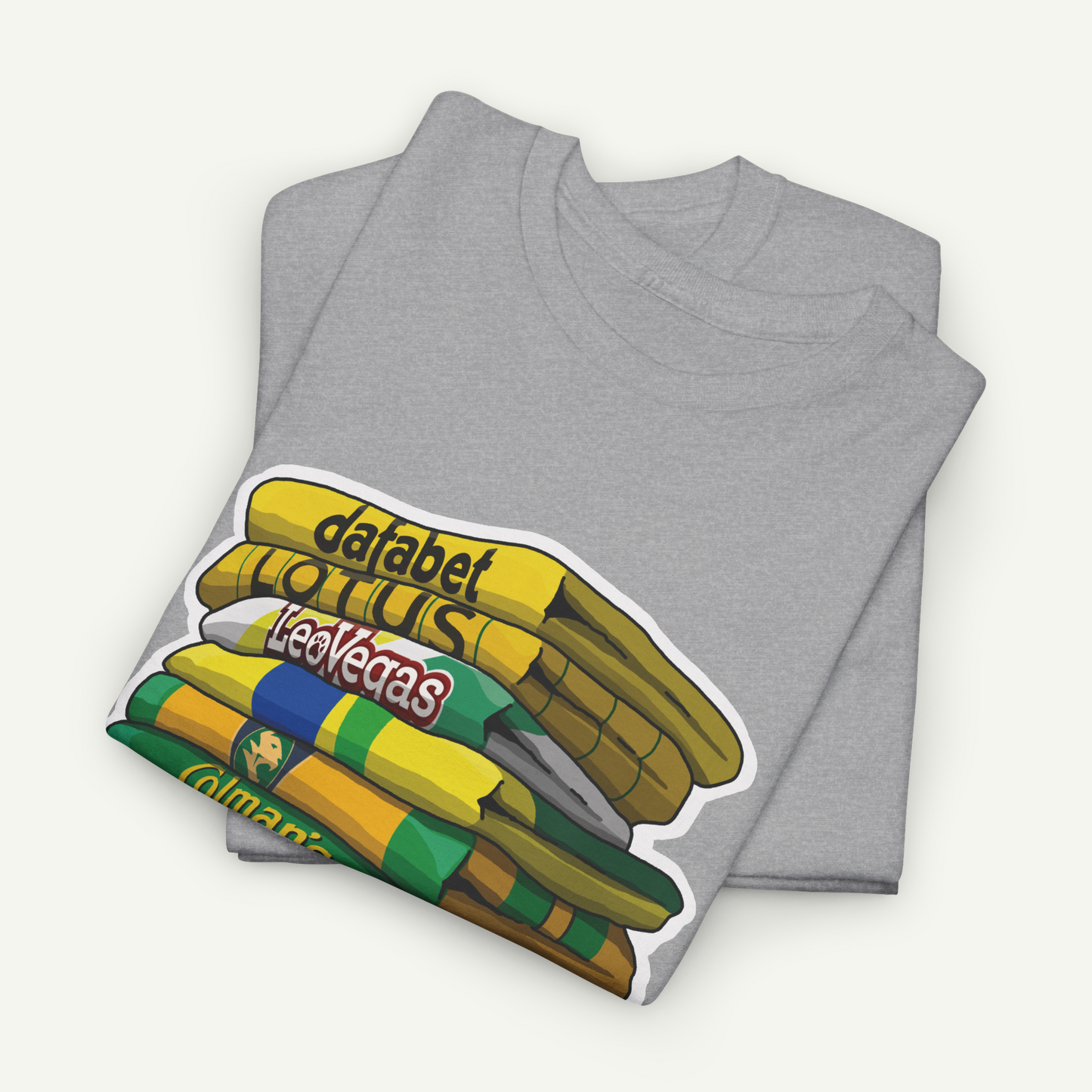 A gray t-shirt with a graphic design depicting a stack of colorful books or magazines, with the text "DATA BET LOTUS Les Vegas" printed on the cover.