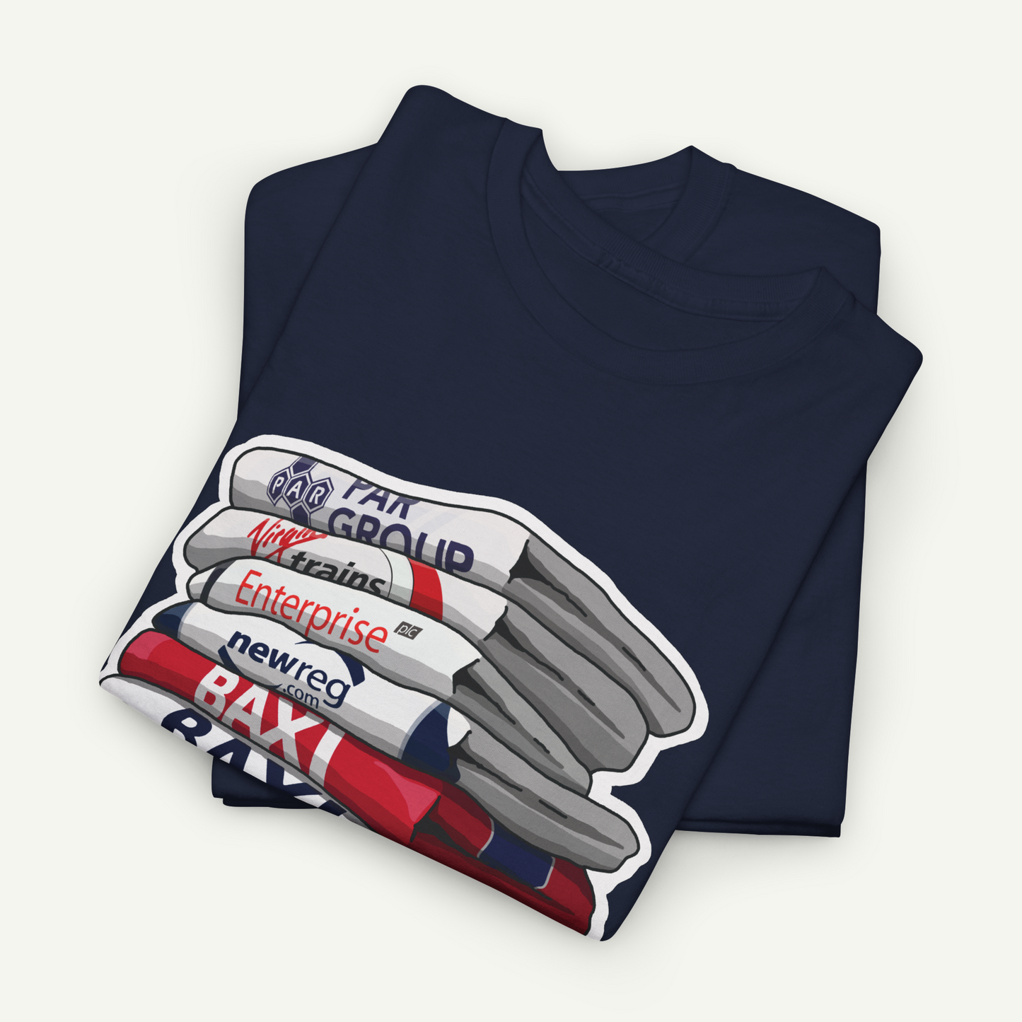 A navy blue t-shirt with a graphic design depicting a stack of books or magazines with the text "PAPER" and "Enterprise" printed on them.