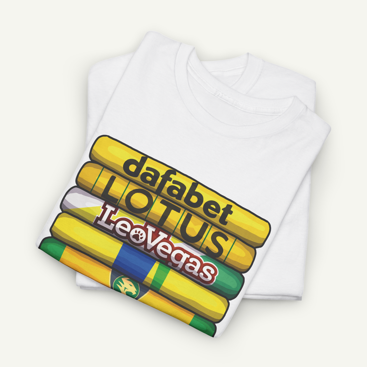 A white t-shirt with a graphic design featuring a stack of yellow and green tubes with text printed on them.
