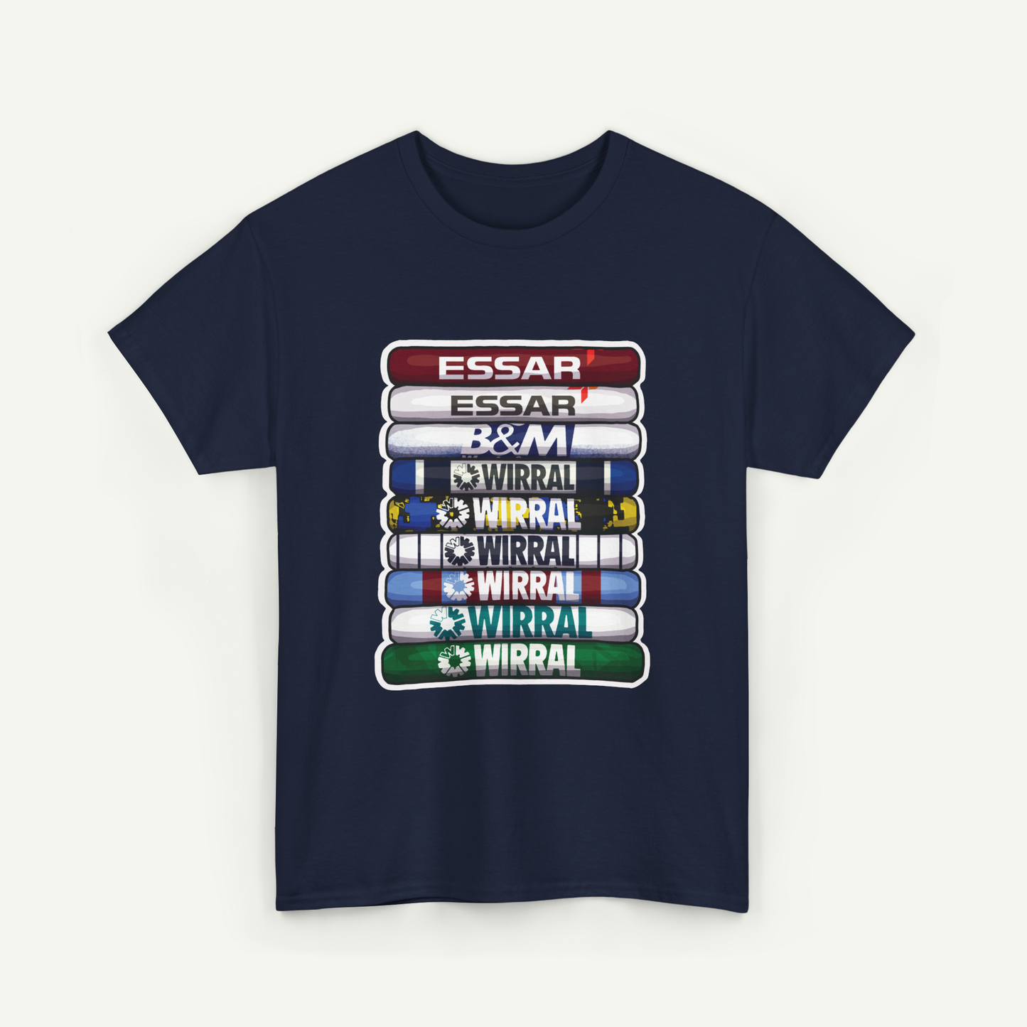 A navy blue t-shirt with a graphic design featuring a stack of colored tubes or bars, each displaying a different colored stripe or logo.