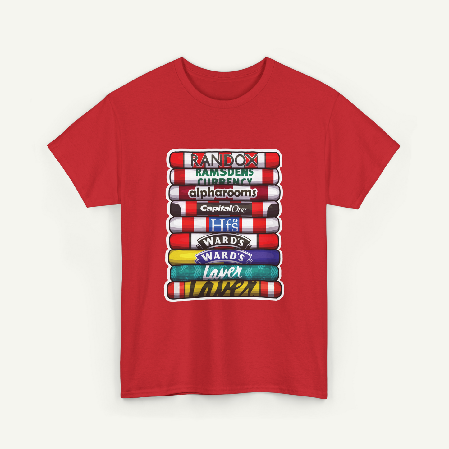 A red t-shirt with a graphic design depicting a stack of colorful tubes or tubes with various text and logos printed on them.