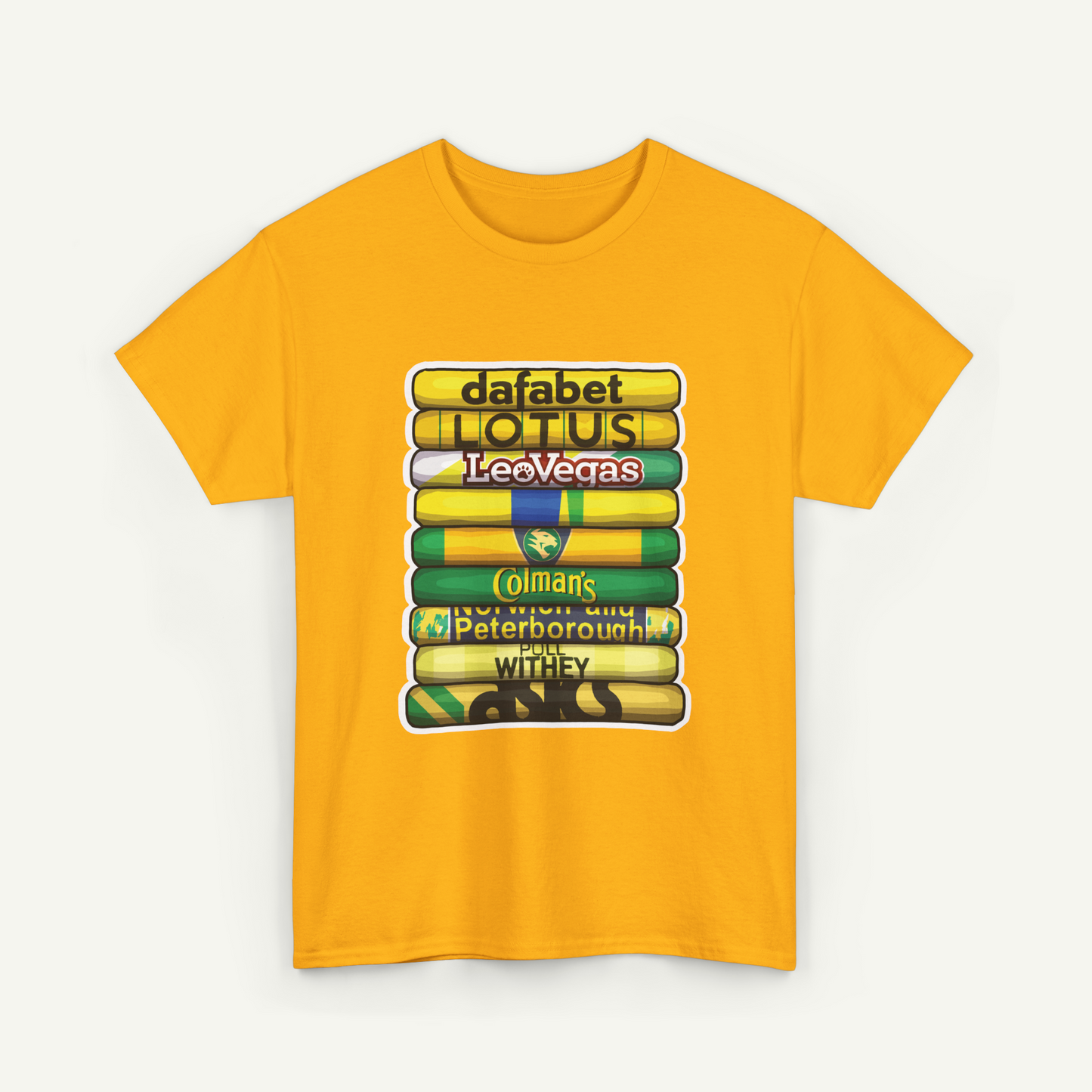 A yellow t-shirt with a graphic design featuring a stack of colorful books or tubes, with text related to the content of the books or tubes.