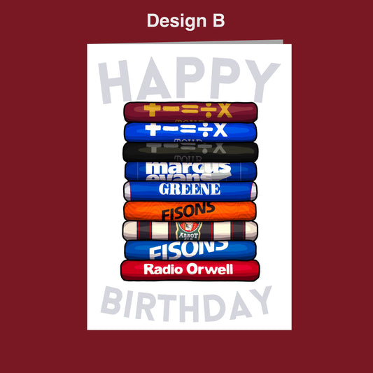 A birthday card with a stack of colorful tubes, each containing a different brand logo, representing a birthday celebration.