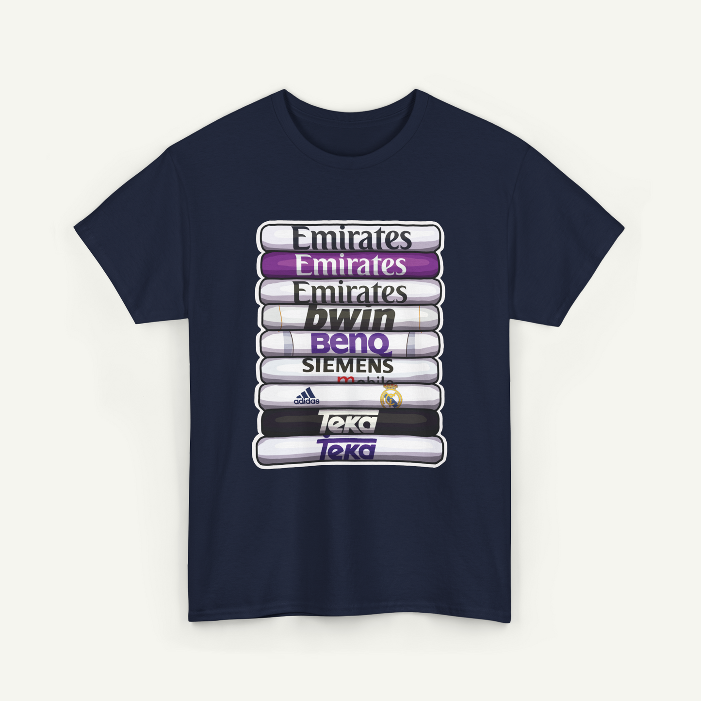 A navy blue t-shirt with a graphic design featuring a stack of various logos and text.