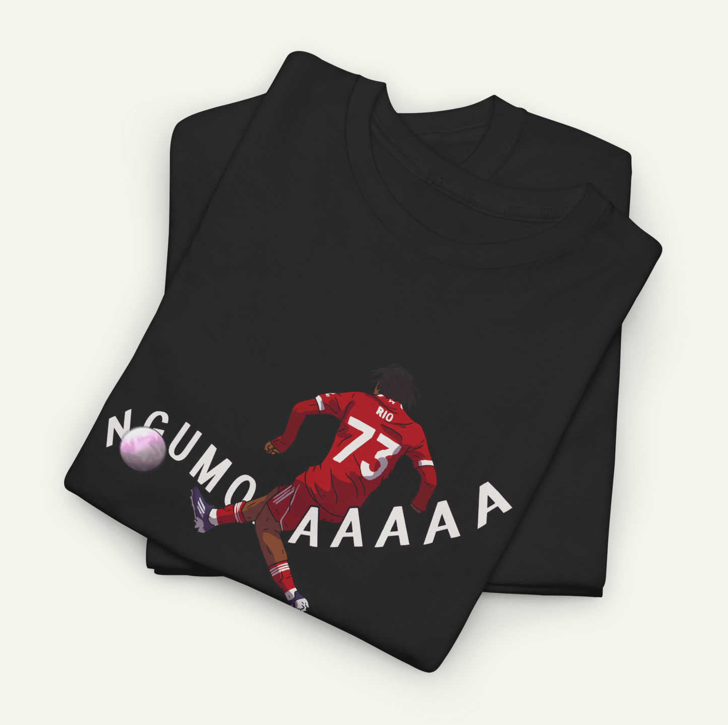 A black t-shirt with a graphic design depicting a soccer player in action, along with the text "NCUMO AAAA" printed on it.