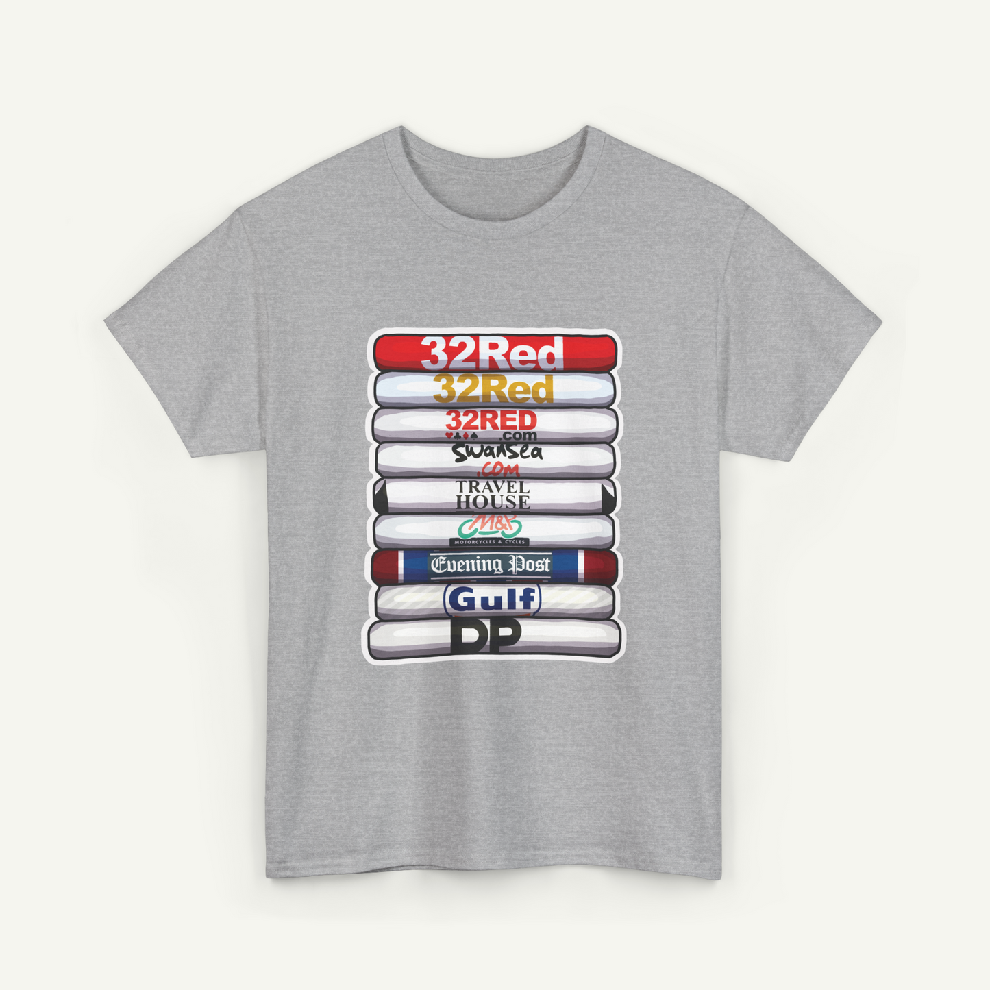 A gray t-shirt with a graphic design depicting a stack of colored books or magazines with the text "32Red" and "32Red" repeated on each book.