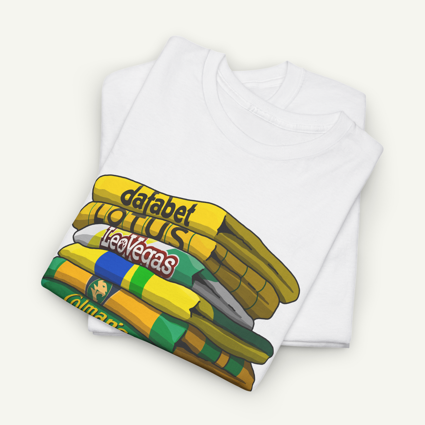 A white t-shirt with a colorful graphic design depicting a stack of books or books.