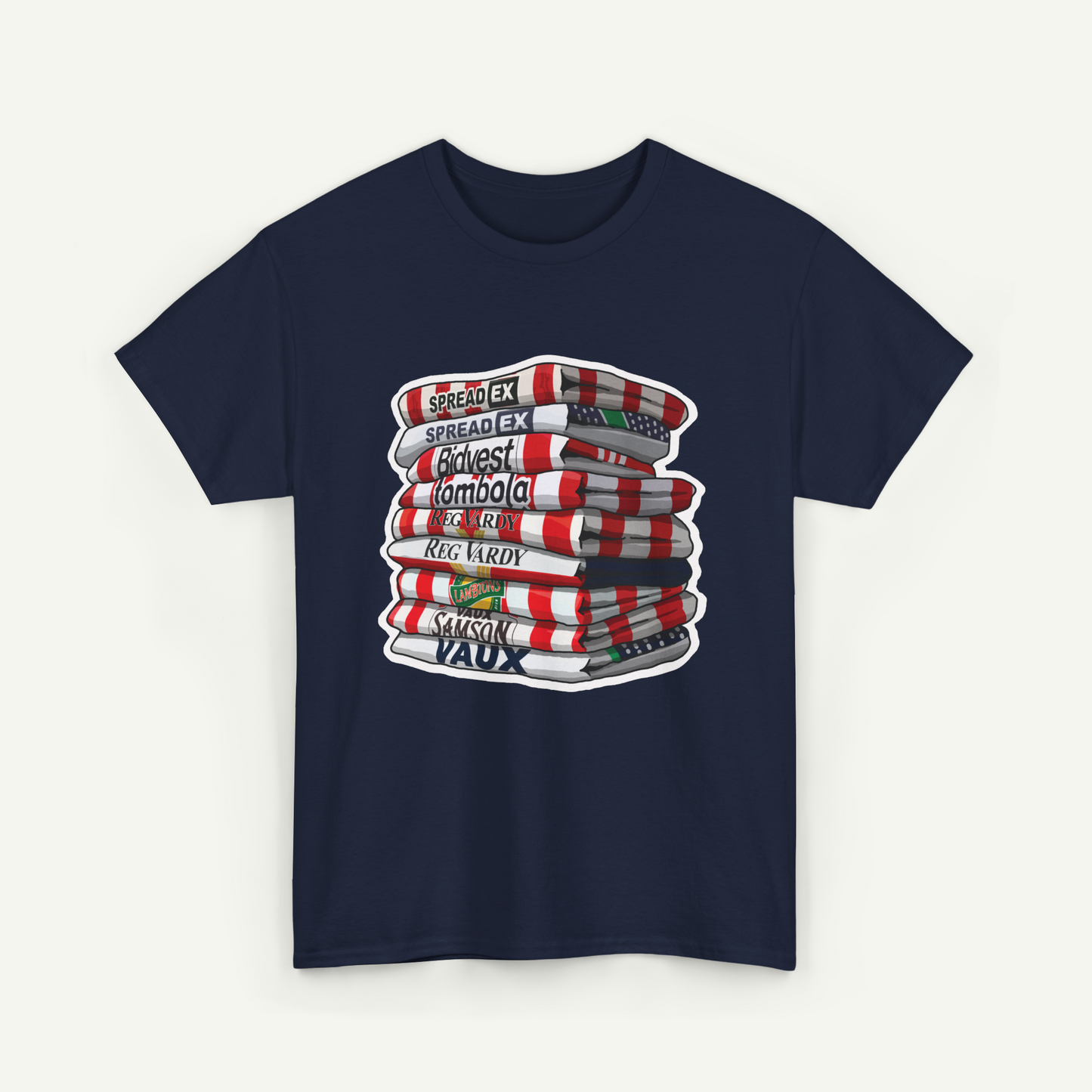 A navy blue t-shirt with a graphic design depicting a stack of books with various text labels on the spines.