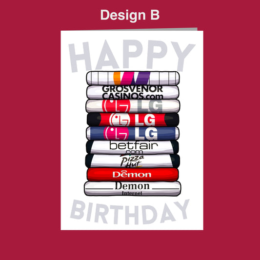 A birthday card with a stack of colorful books, each representing a different company or brand, such as GROSVENOR CASINO.