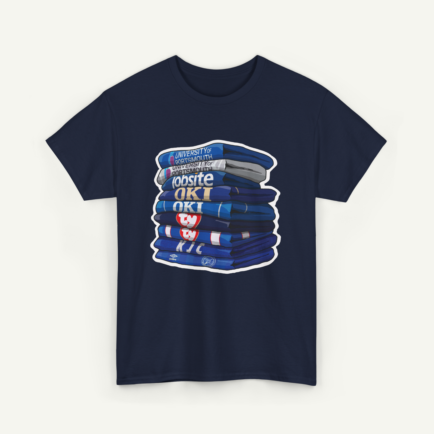 A navy blue t-shirt with a graphic design depicting a stack of blue books or binders.