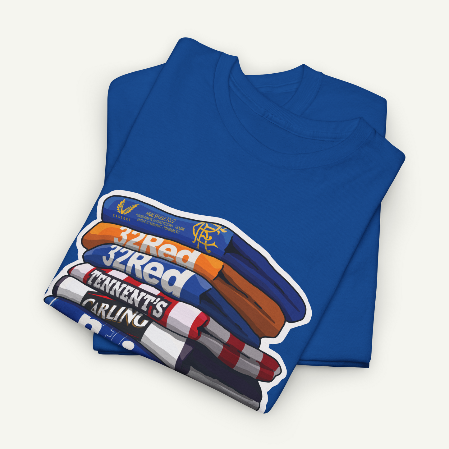 A blue t-shirt with a graphic design depicting a stack of three colored balls, with the text "32Red" and "32Red" written on them.