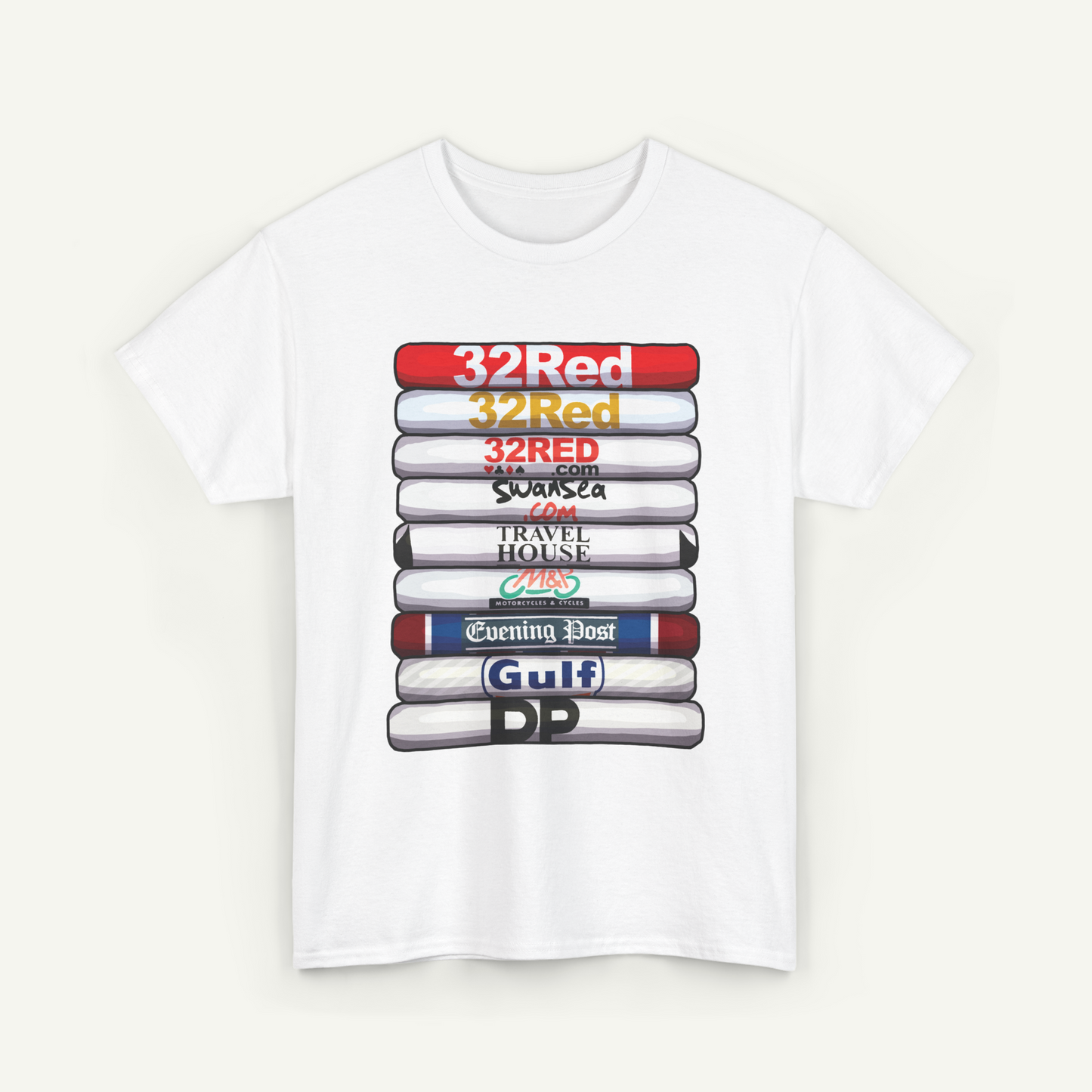 A white t-shirt with a graphic design featuring a stack of colored bars, each representing a different brand or company.