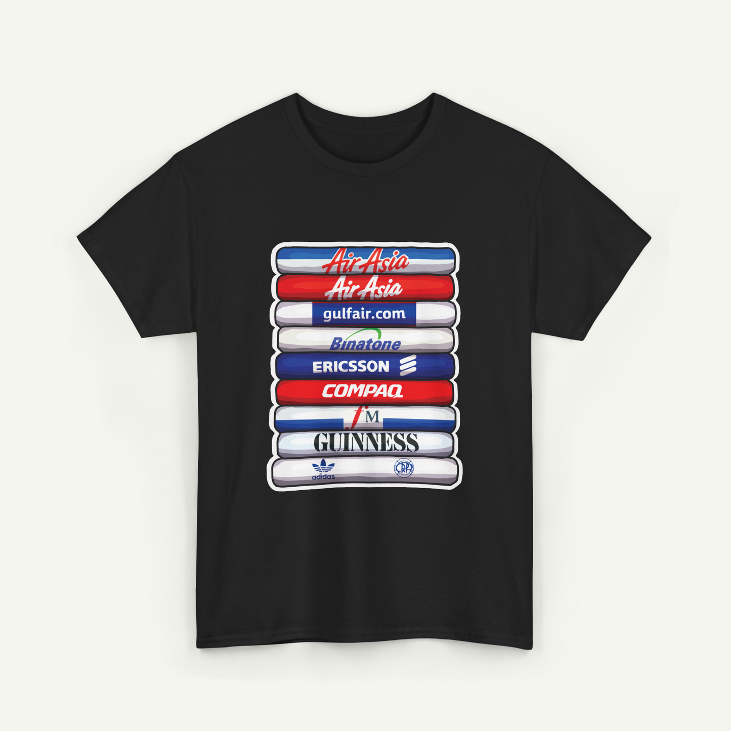A black t-shirt with a graphic design featuring a stack of colorful bars with various logos and text on them.
