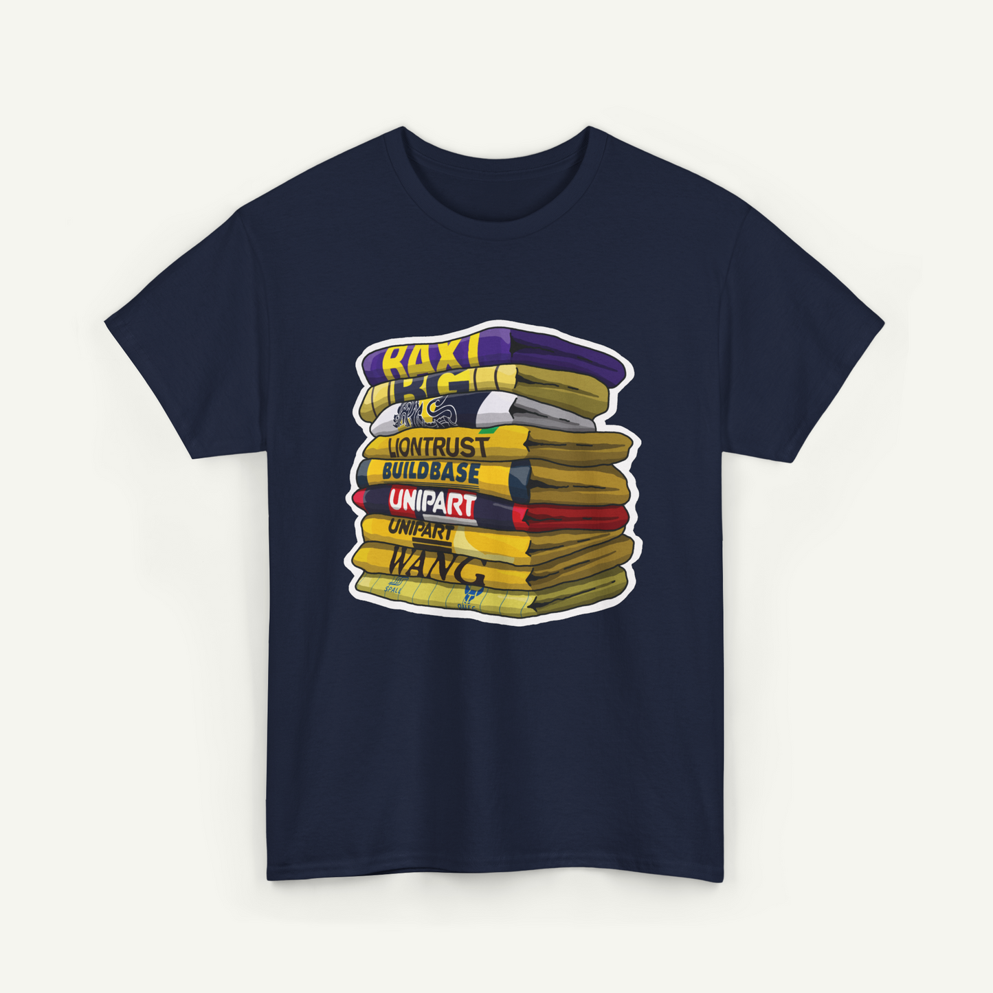 A navy blue t-shirt with a graphic design depicting a stack of colorful books.