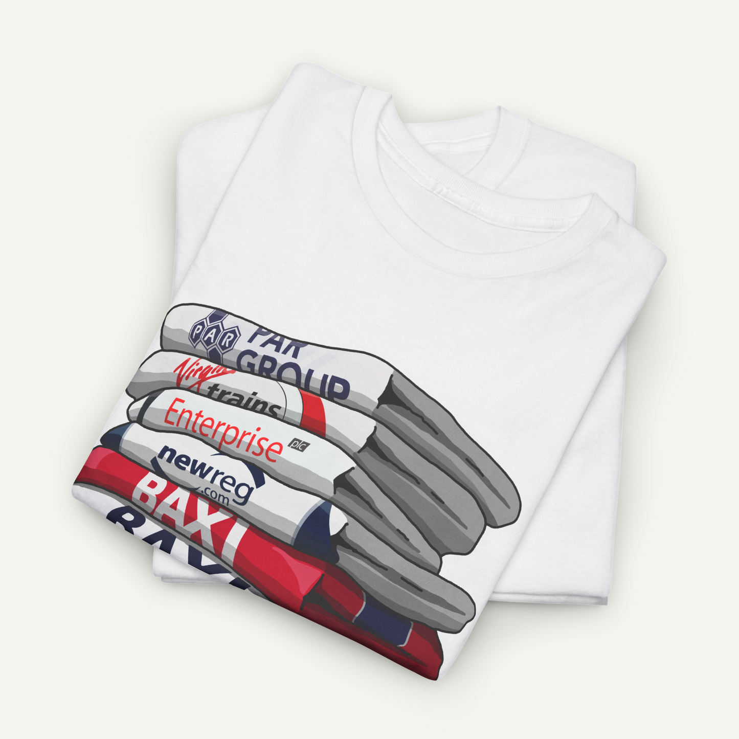 A white t-shirt with a graphic design depicting a stack of various colored markers or pens.