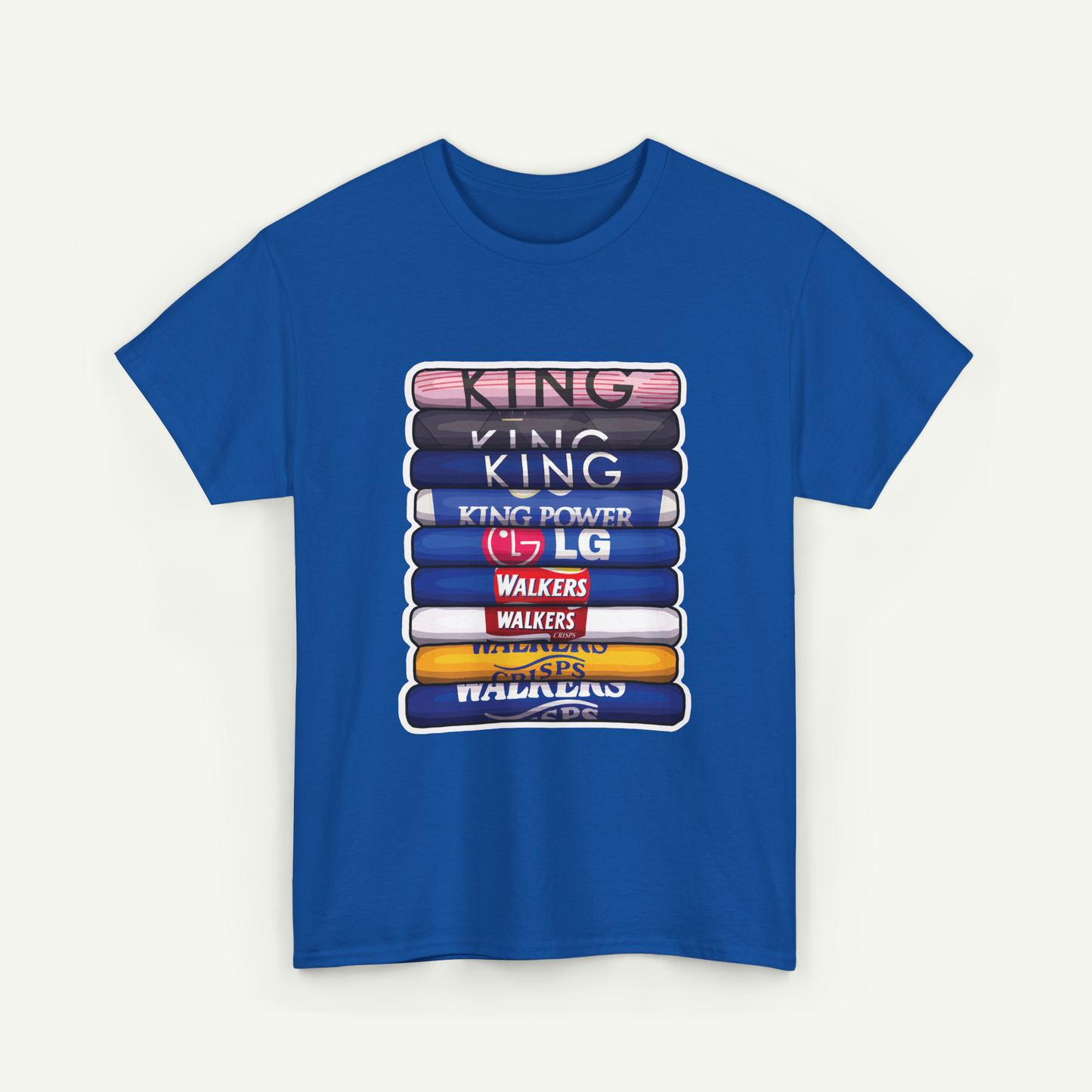 A blue t-shirt with a graphic design featuring a stack of colored bars, each displaying a different brand logo.