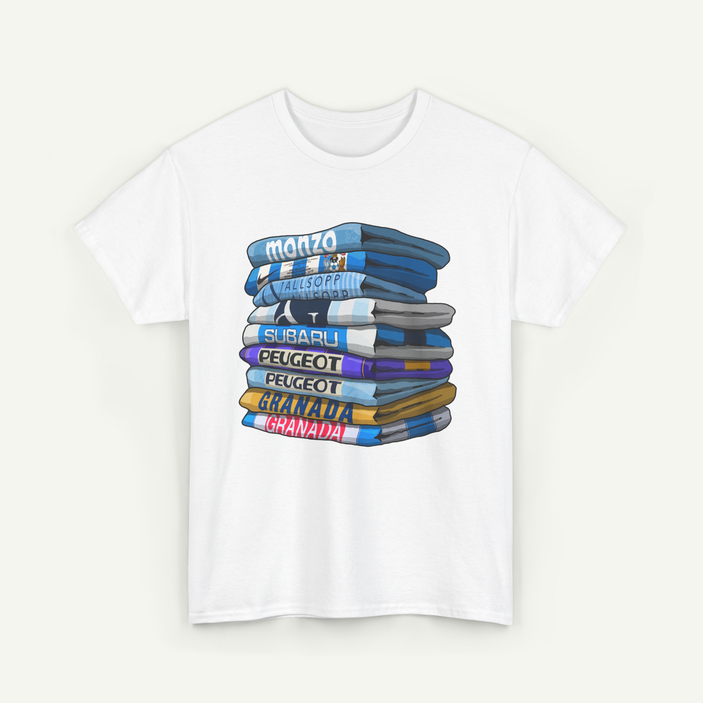 A white t-shirt with a graphic design depicting a stack of books or magazines with various titles written on them.