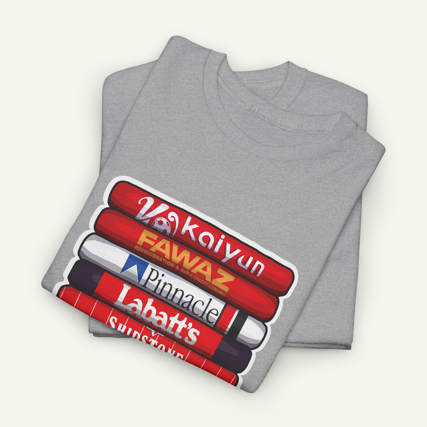 A gray t-shirt with a graphic design depicting a stack of red and white striped objects with text on them.