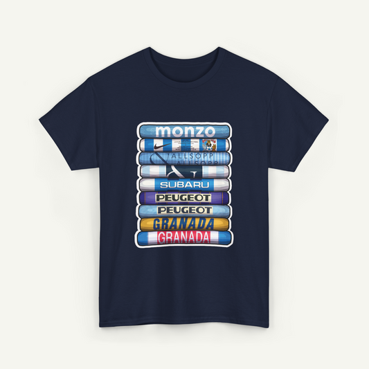 A navy blue t-shirt with a graphic design featuring a stack of colored books or book-like objects, each representing a different car brand.