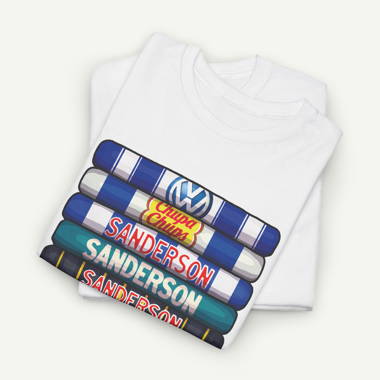 A white t-shirt with a graphic design featuring a stack of colorful tubes with the text "Sanderson" printed on them.