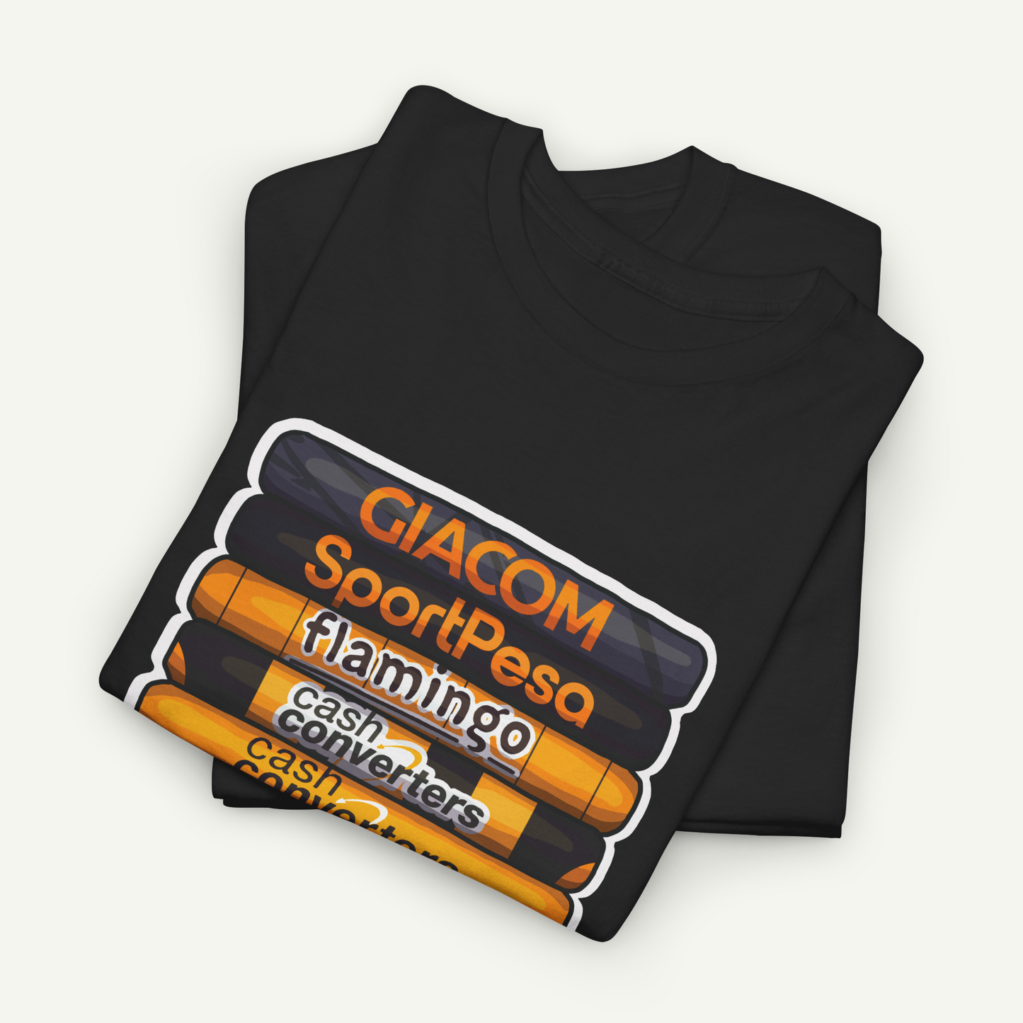 A black t-shirt with a graphic design featuring a stack of orange and black objects, along with text that reads "Giacom SportPeso cash converters".