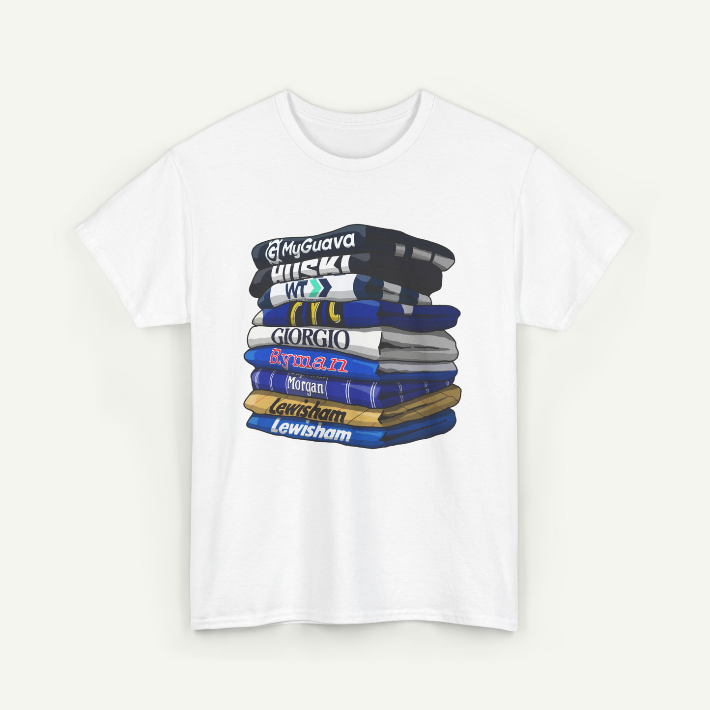 A white t-shirt with a graphic design depicting a stack of books with various colored covers, each displaying the name of a different author or character.