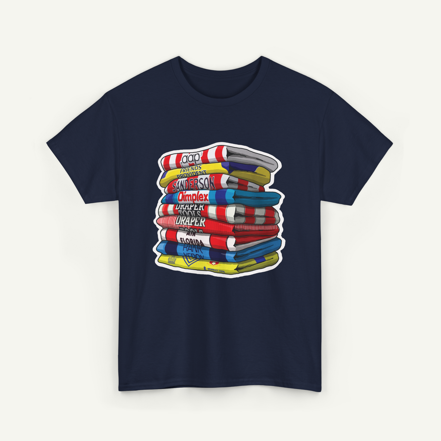 A navy blue t-shirt with a graphic design depicting a stack of colorful books or magazines.