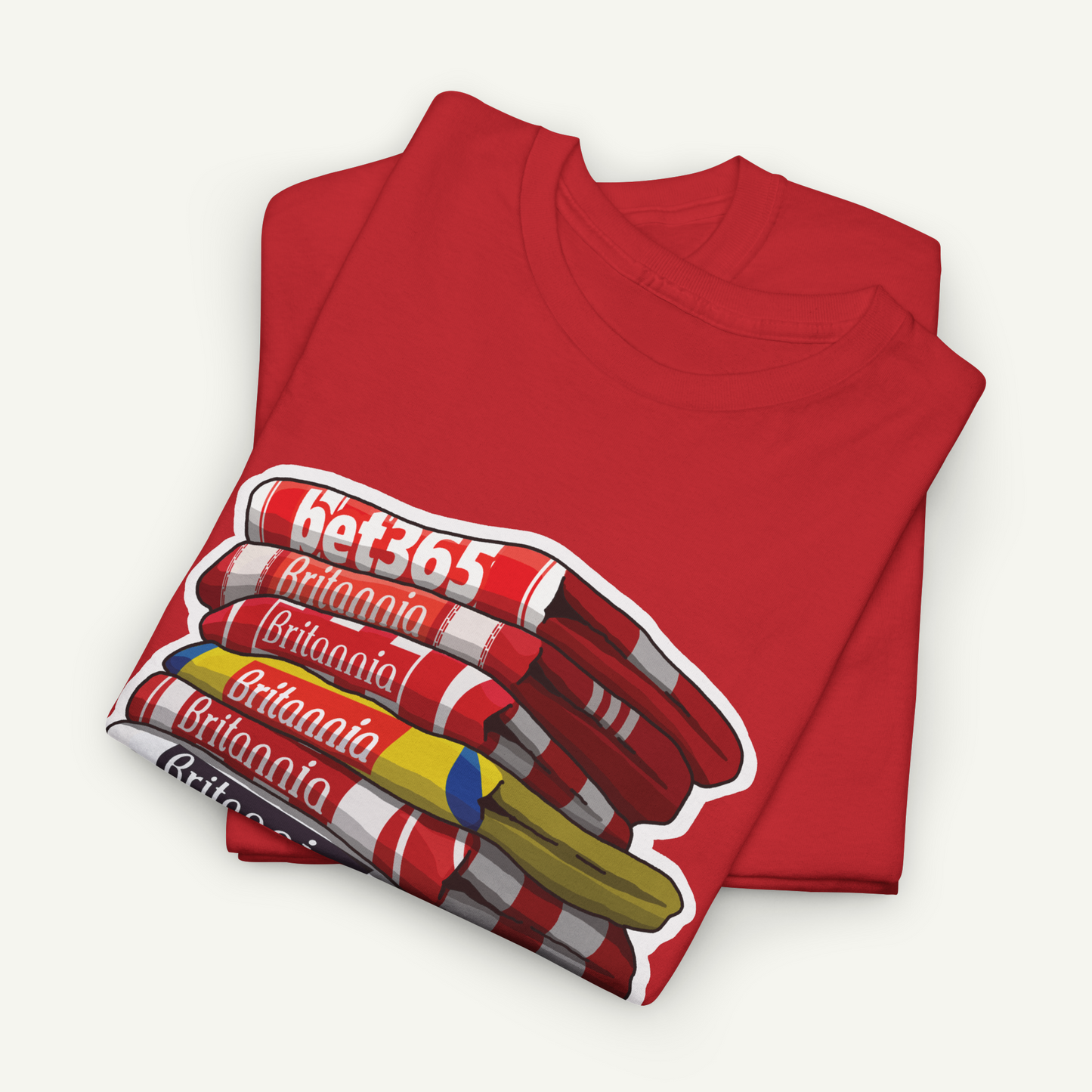 A red t-shirt with a graphic design depicting a stack of Bet365 branded products, including a yellow and red striped box and a red and white striped box.
