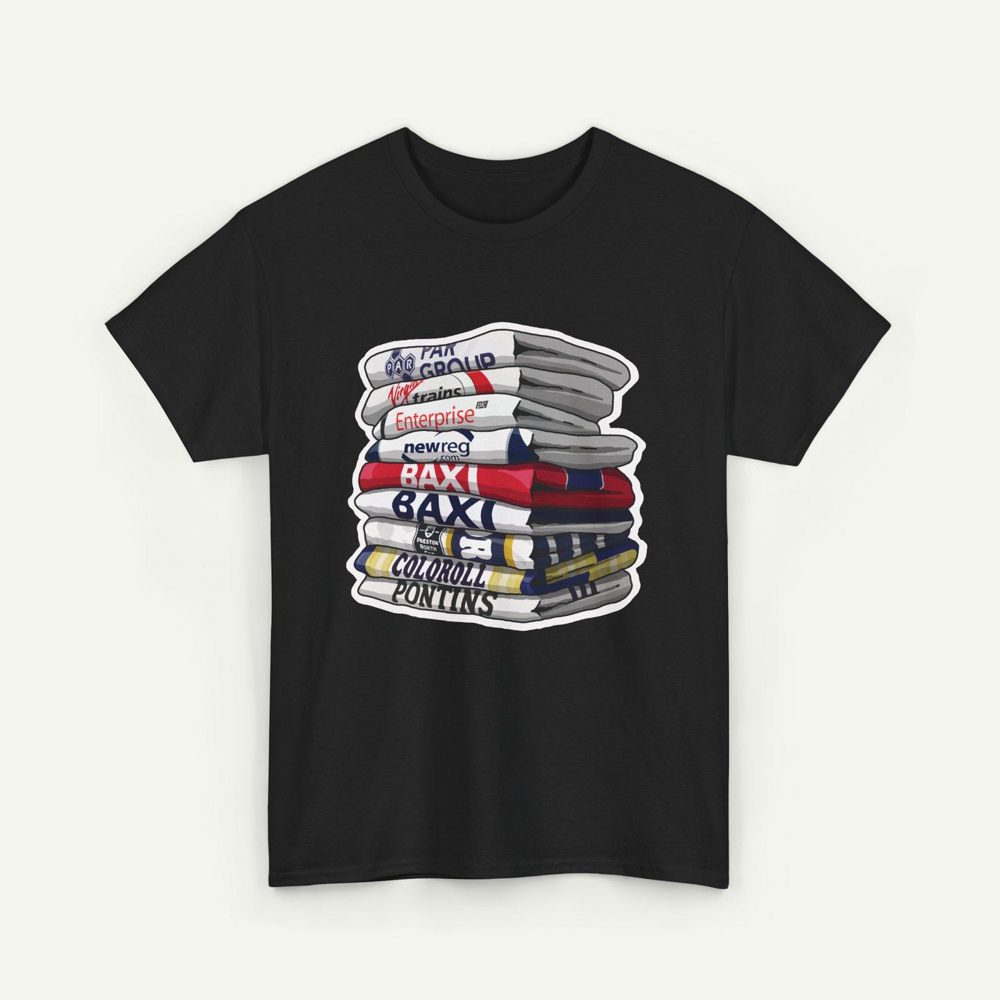 A black t-shirt with a graphic design depicting a stack of books with various colored covers.