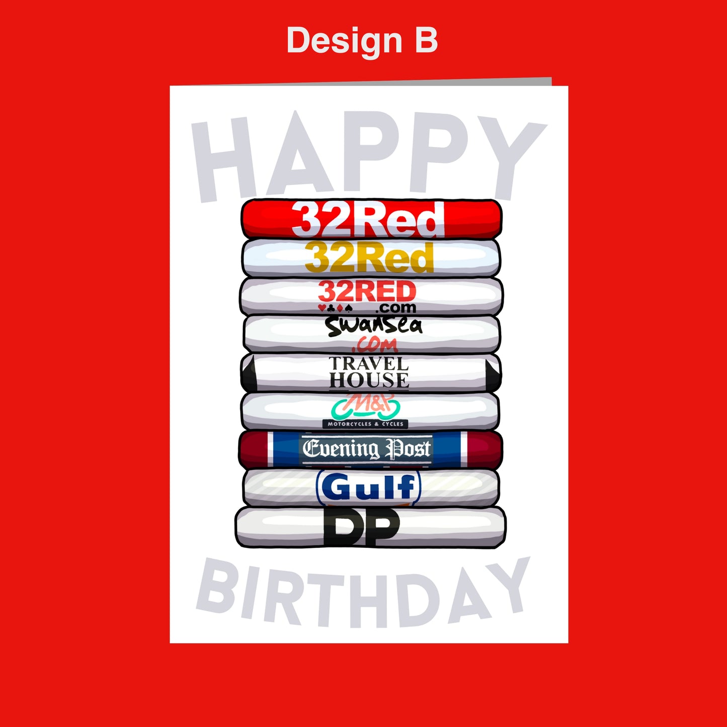 The image is a birthday card with a red background and white text. It features a stack of various colored tubes or tubes, each representing a different company or brand. The text on the tubes reads "32Red", "32Red.com", "SKYSEA", "TRAVEL HOUSE", "Evening Post", "Gulf", and "DP". The text "32Red" is the most prominent, and it is located at the top of the stack. The rest of the text is scattered across the tubes, but it is not as clear or prominent as the "32Red" text.
