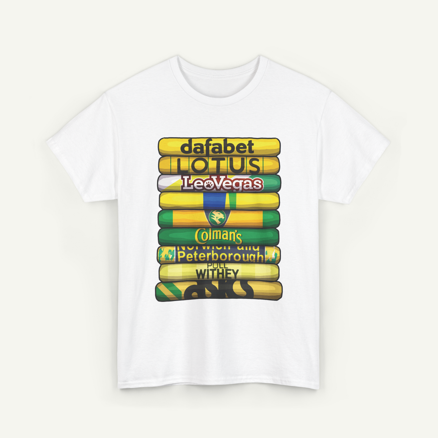 A white t-shirt with a graphic design featuring a stack of colorful bars, each representing a different city or location.