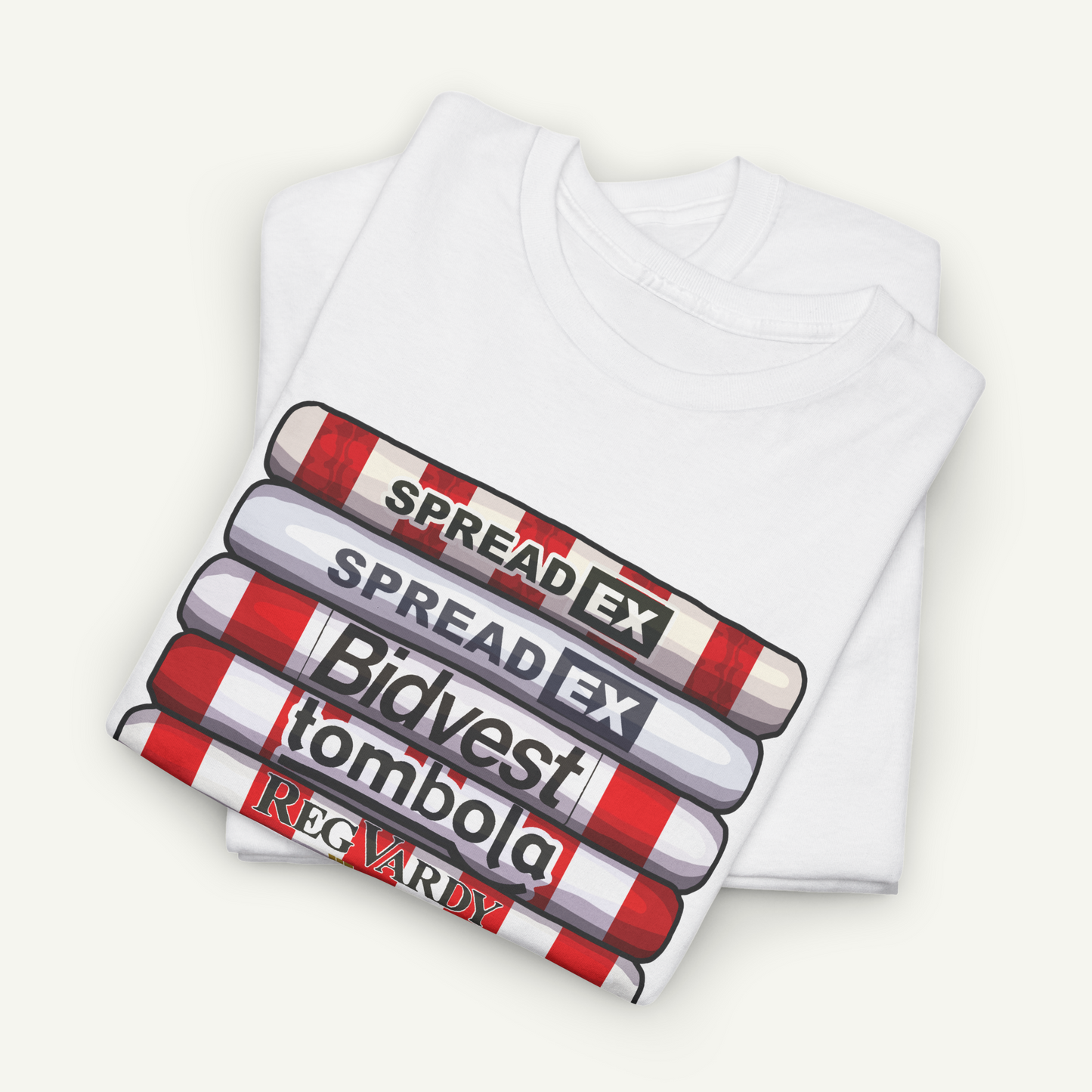 A white t-shirt with a graphic design featuring a stack of red and white striped tubes with the text "SPREAD EX" printed on them.
