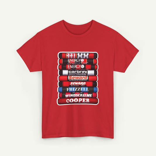 A red t-shirt with a graphic design featuring a stack of red and white tubes with the text "ENERGY" printed on them.