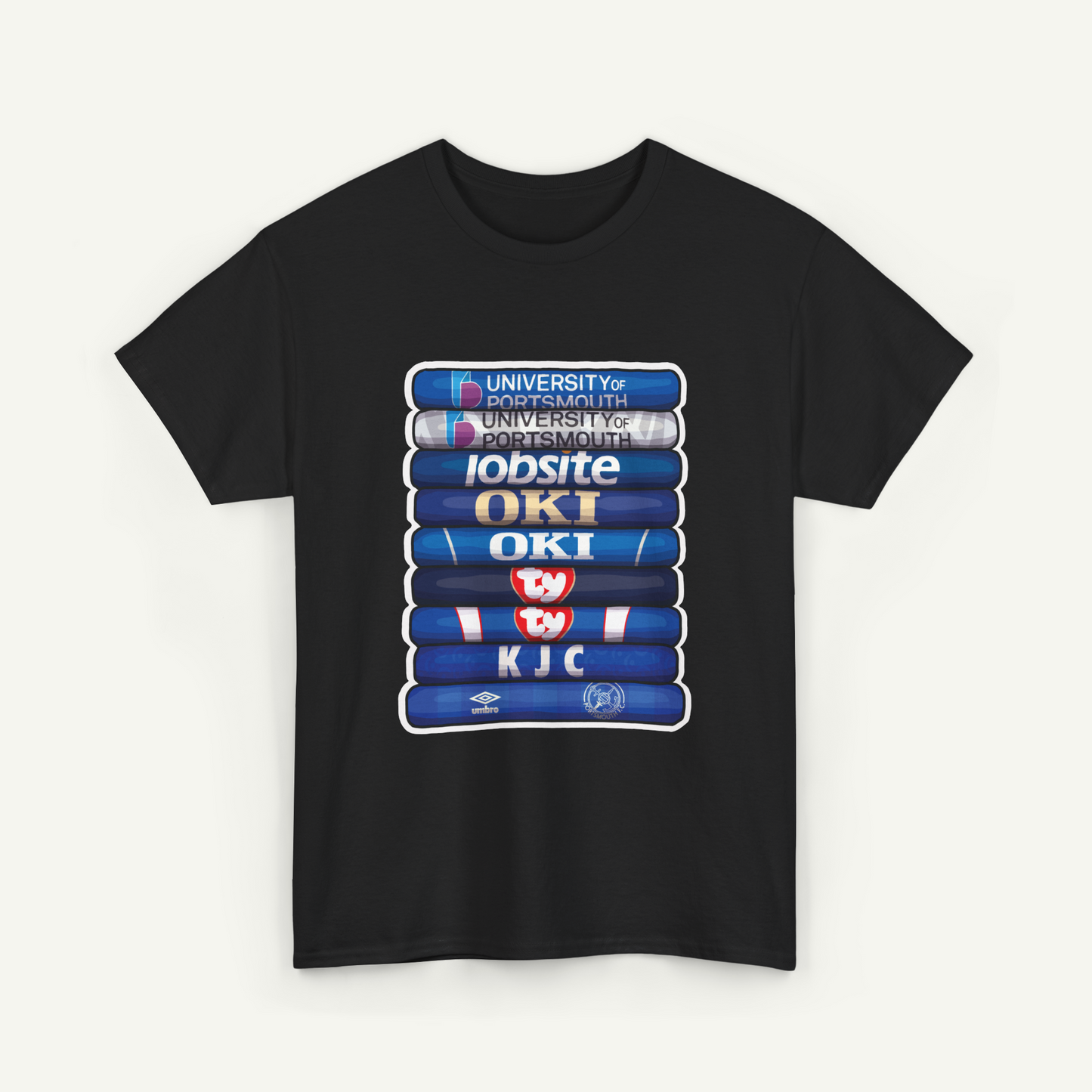 A black t-shirt with a graphic design featuring a stack of blue books with various logos and text on them.