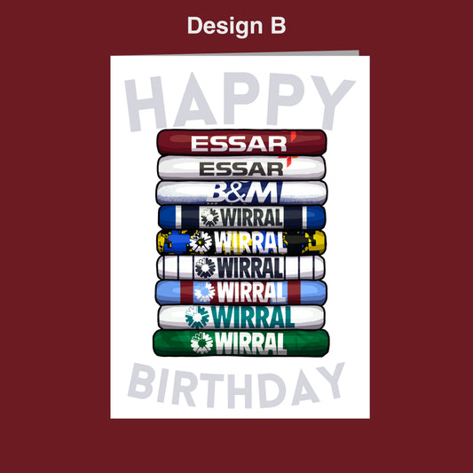 A birthday card with a stack of colorful bars, each displaying a different company logo, representing the birthday person's interests or hobbies.