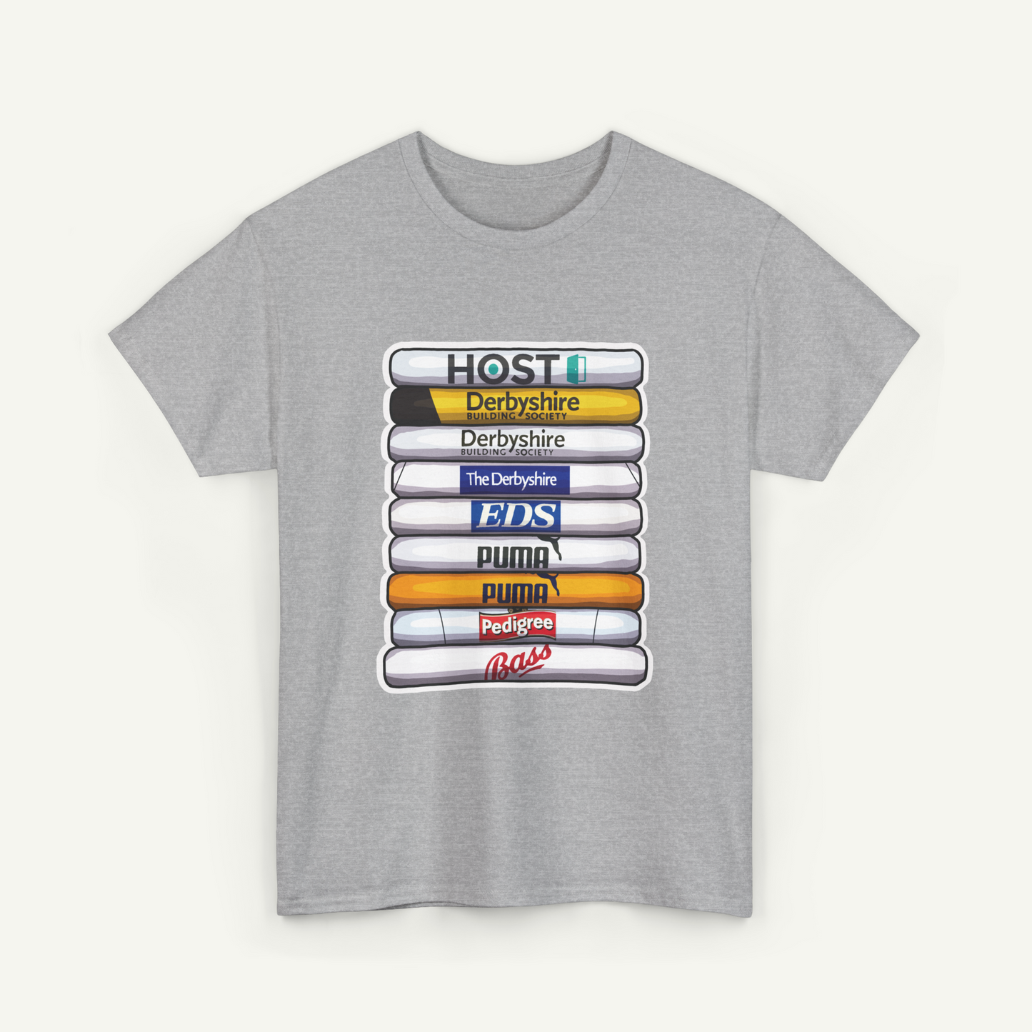 A gray t-shirt with a graphic design depicting a stack of various logos, including 'HOST' and 'DERBYSHIRE', 'The Derbyshire' and 'FDS', 'PUMA', 'Puma', and 'Pedigree'.