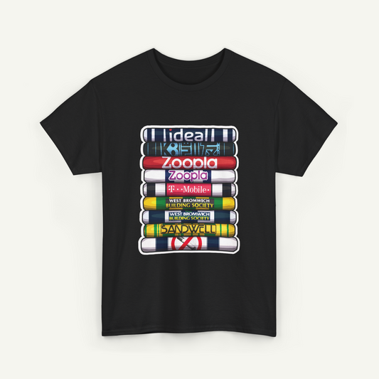 A black t-shirt with a graphic design depicting a stack of colorful tubes or bottles, each representing a different social media platform or brand.
