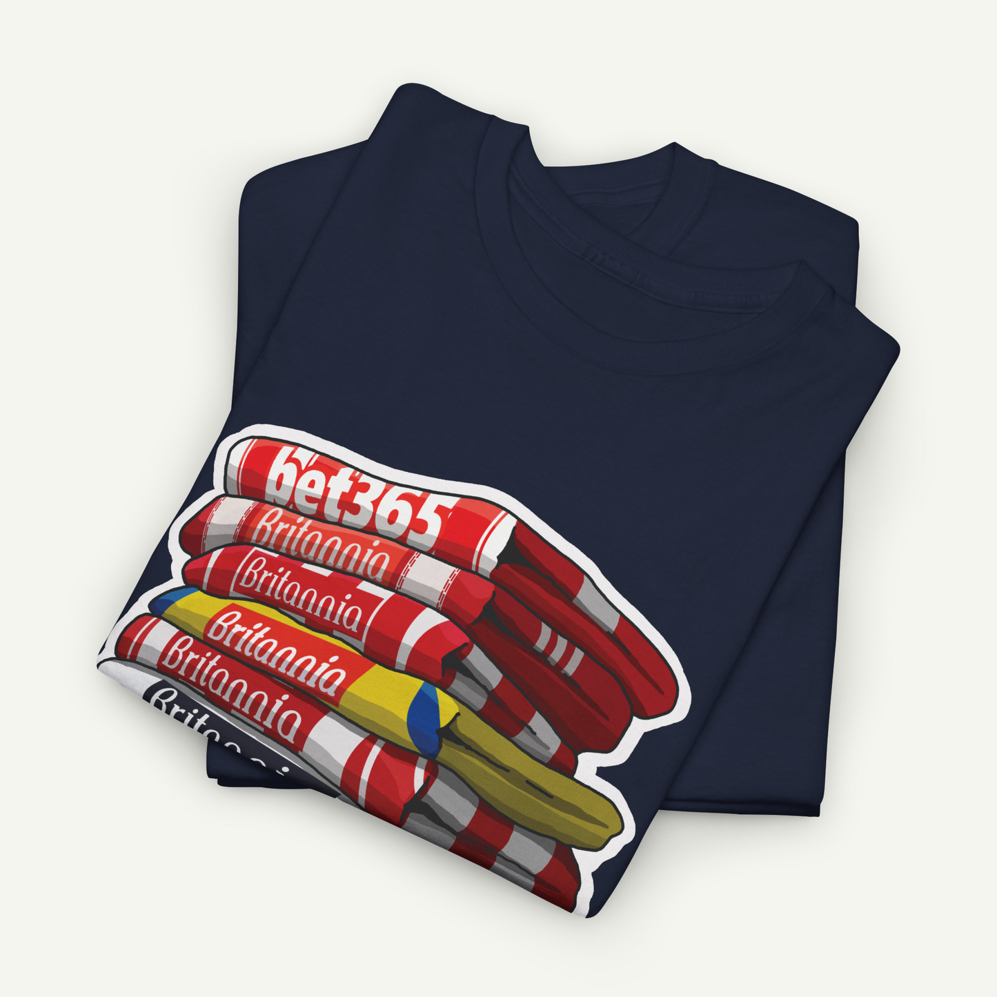 A navy blue t-shirt with a graphic design depicting a stack of red and white striped objects, along with the text "bet365" printed on the shirt.