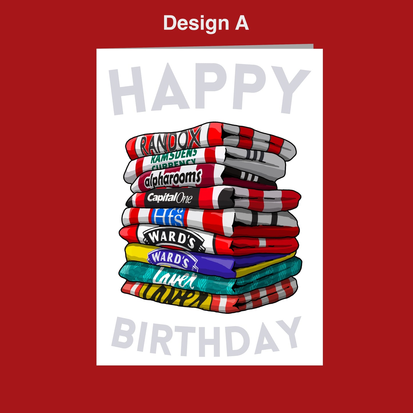 A stack of colorful towels with various text and logos on them, along with the text "Happy Birthday" displayed prominently.