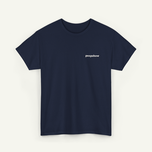 A navy blue t-shirt with the text "peepsshow" printed on the left side.