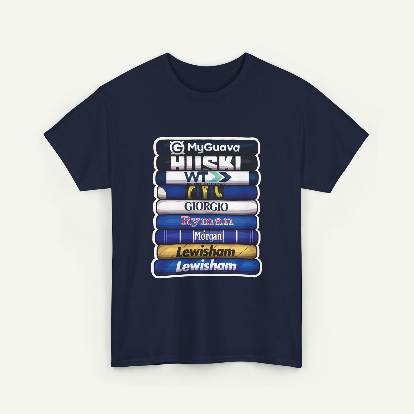 A navy blue t-shirt with a graphic design featuring a stack of books with various names on the spines.