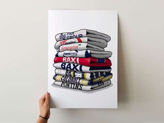 A hand is holding a poster with a stack of folded towels, each towel displaying a different company logo.